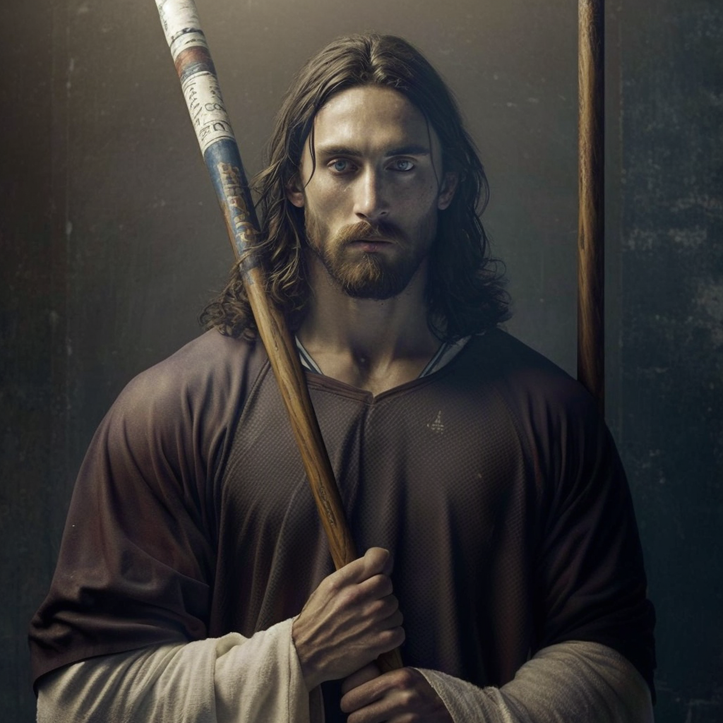 Image of Jesus Christ playing field hockey. Practicing red head to blue head.